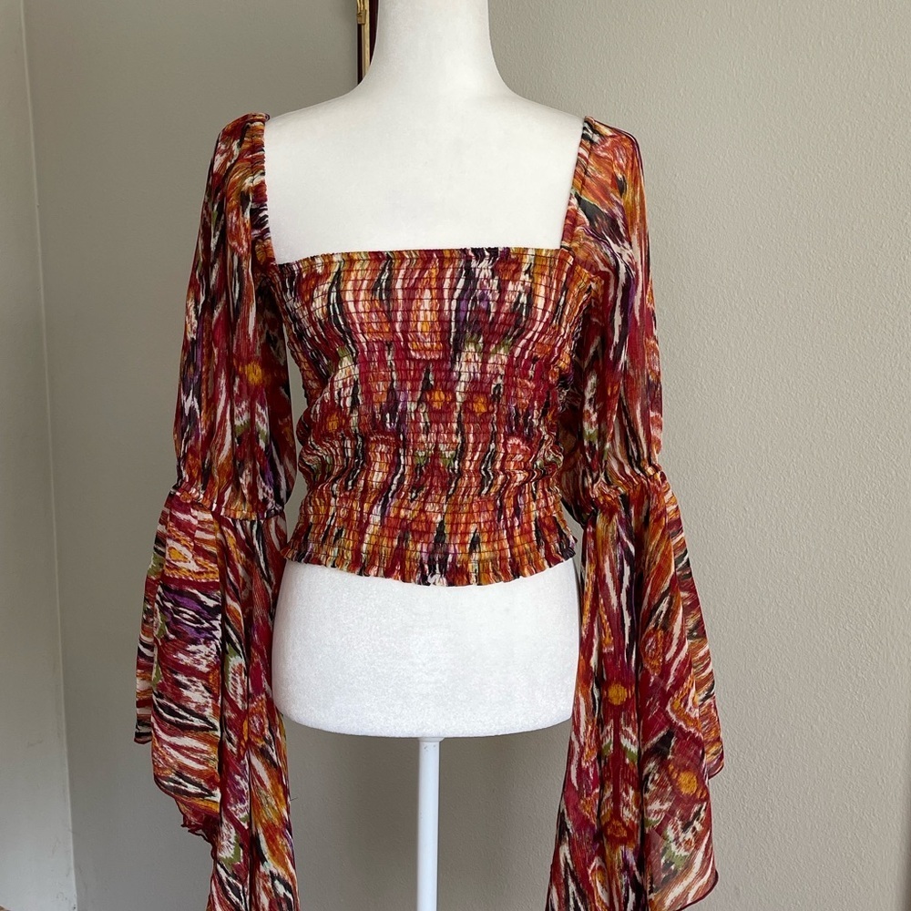 Smocked Square-Neck Blouse with Dramatic Bell Sleeves - Red Multi Size M